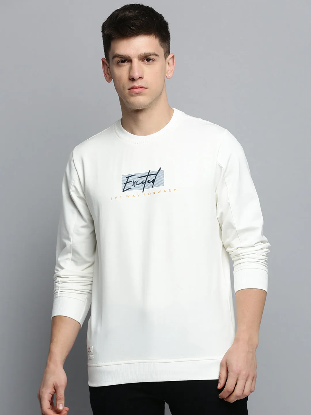 Men's White Typography Printed Pullover Cotton Sweatshirt Chambray