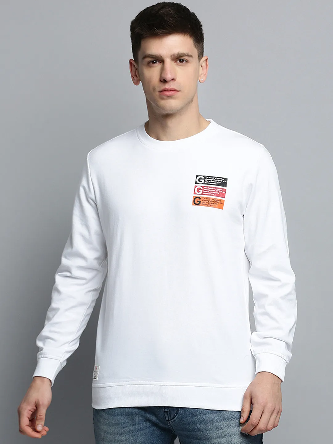Cold Day Wear Oversized Design Men's White Typography Printed Pullover Sweatshirt