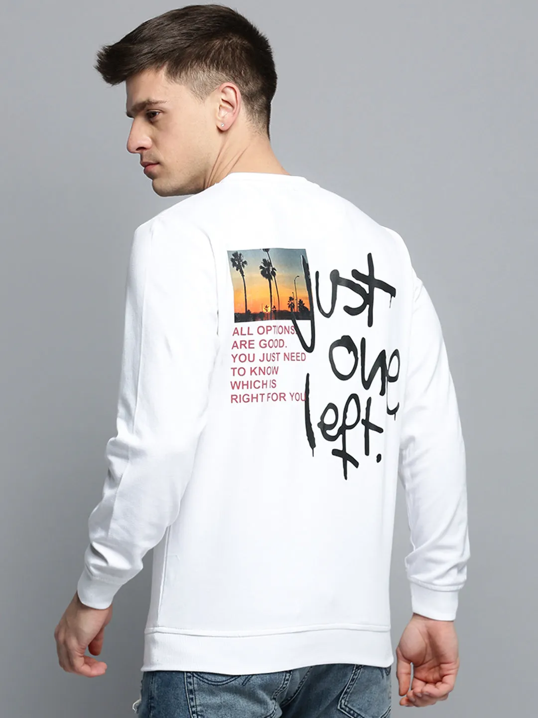 Men's White Typography Printed Pullover Sweatshirt Thermal Lining