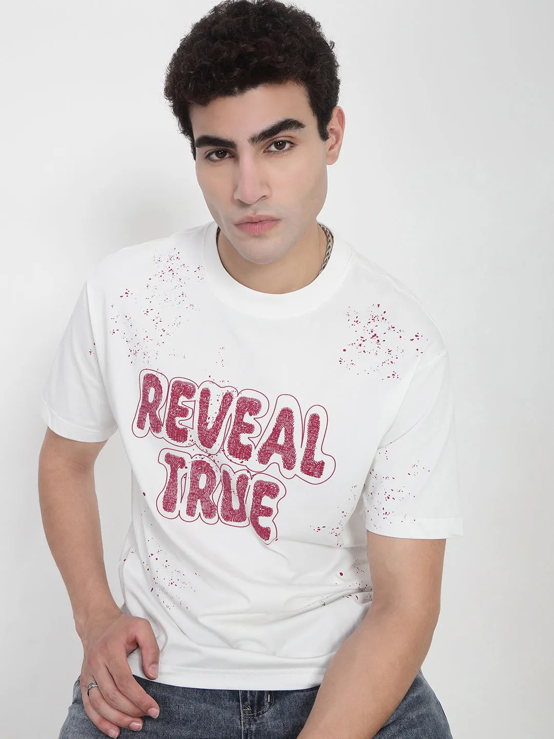 Sharp Edge Lightweight Fabric Men's White Typography Printed Relaxed Fit T-Shirt