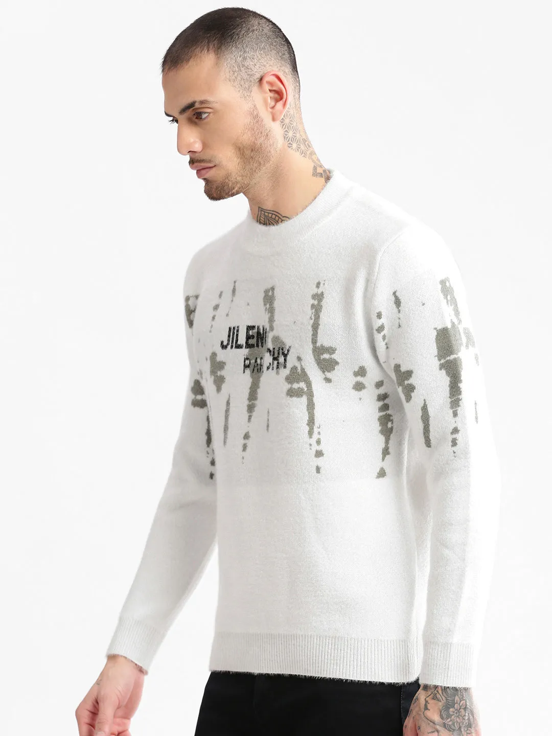 Simple Silhouette Seamless Circular Knit Men's White Typography Printed Round Neck Acrylic Pullover Sweaters