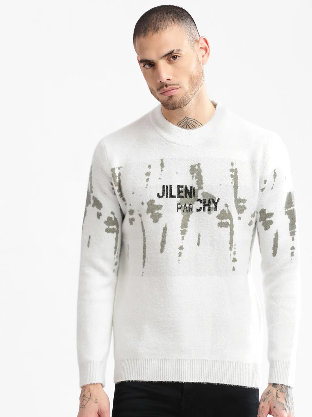 Men's White Typography Printed Round Neck Acrylic Pullover Sweaters Office Layer