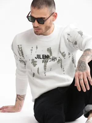 Men's White Typography Printed Round Neck Acrylic Pullover Sweaters Odor Resistant