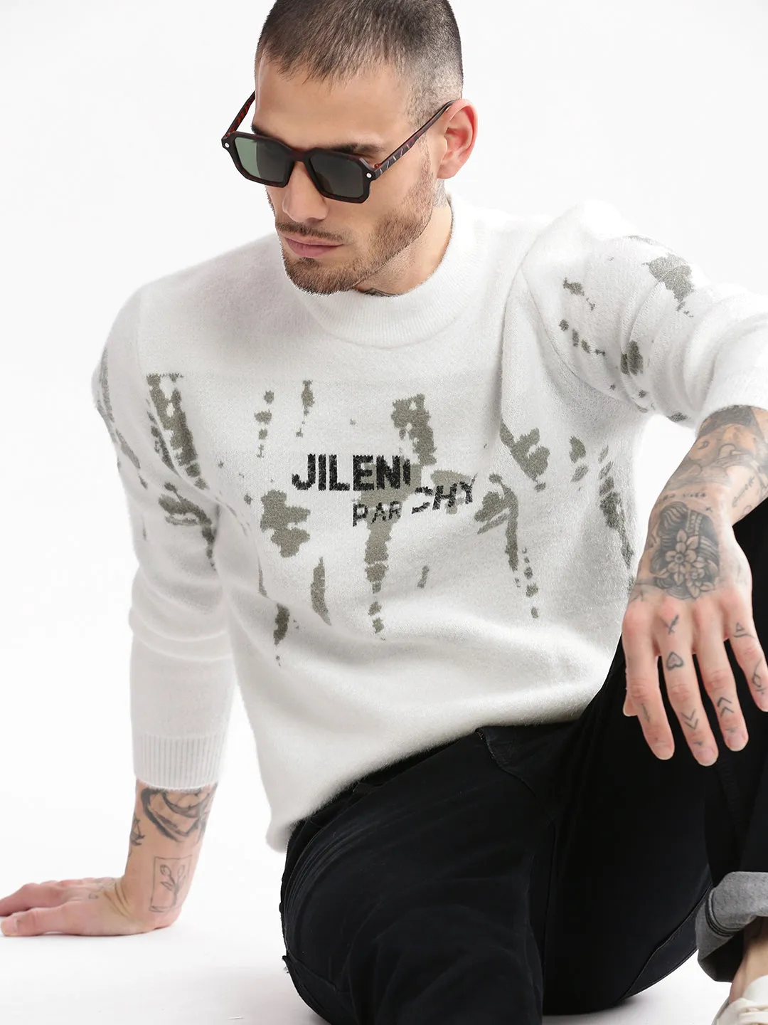 Men's White Typography Printed Round Neck Acrylic Pullover Sweaters Odor Resistant