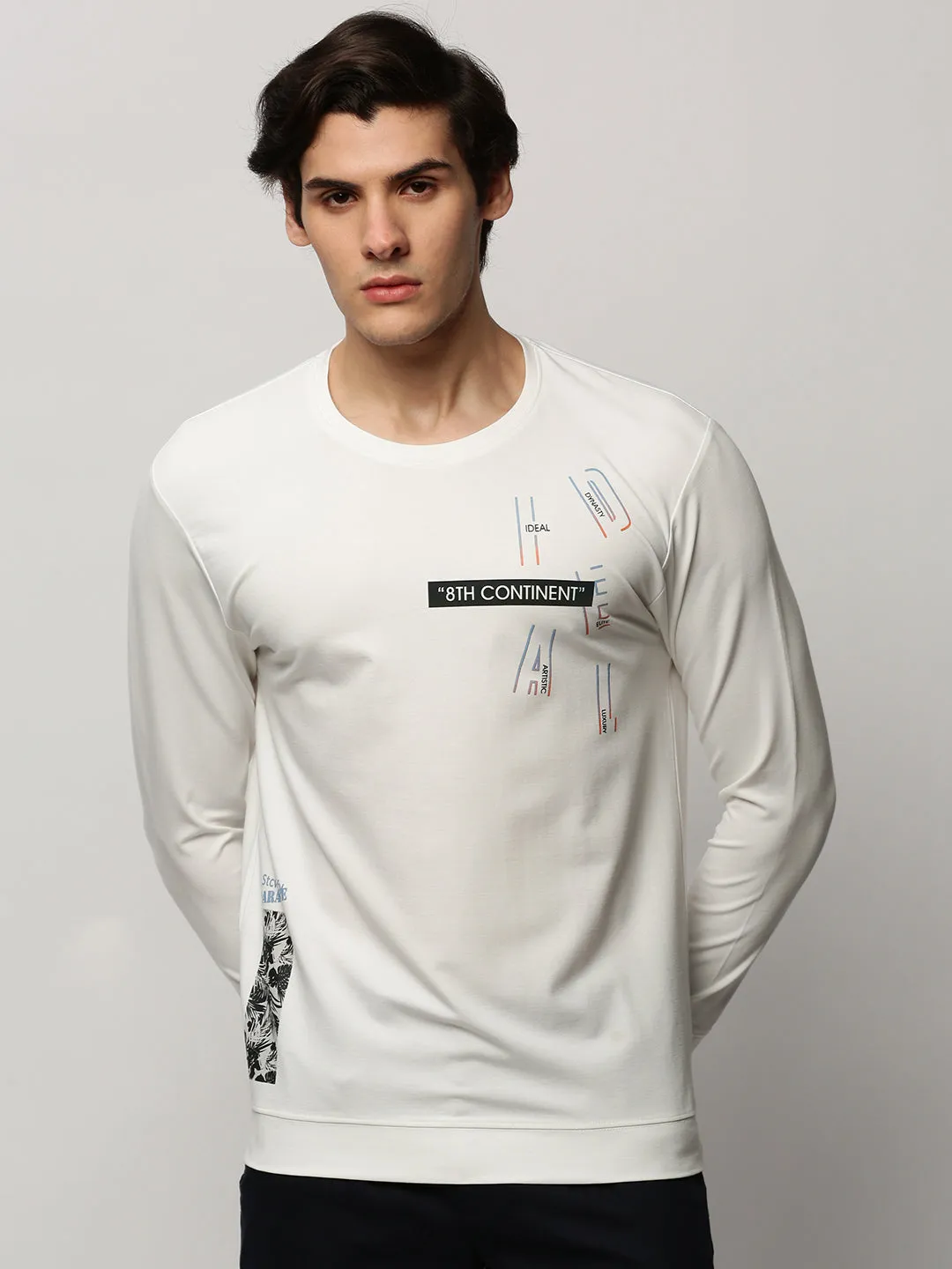 product mesh lining breathability Relaxing Wear Men's White Typography Printed Round Neck Cotton Pullover