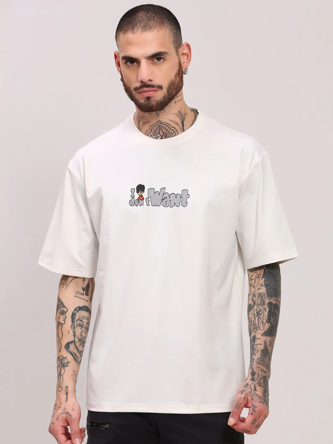 Basic Wear Utility Mode Men's White Typography Printed Round Neck Cotton Relaxed Fit T-Shirt