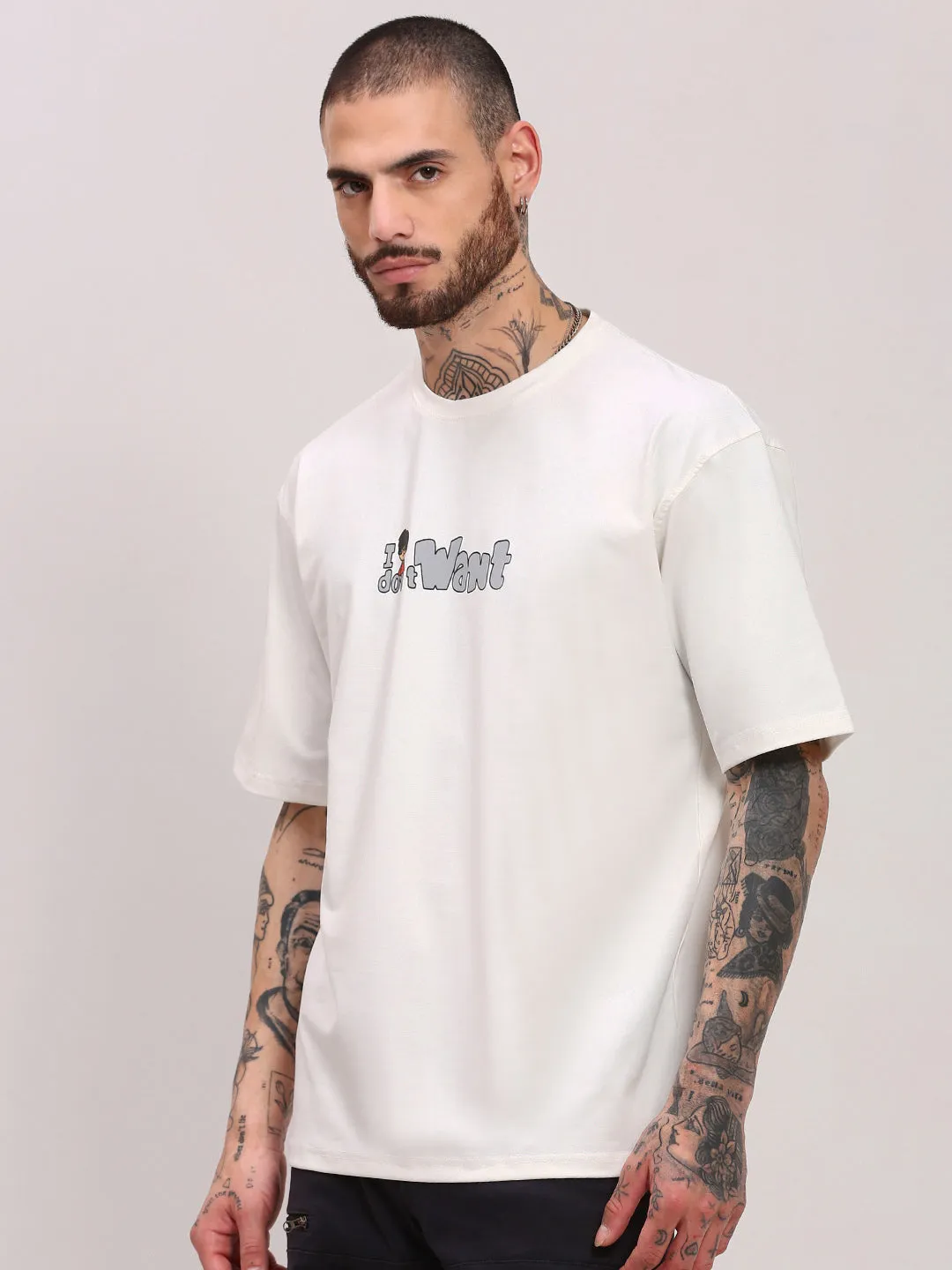 Summer Style StretchFree Men's White Typography Printed Round Neck Cotton Relaxed Fit T-Shirt