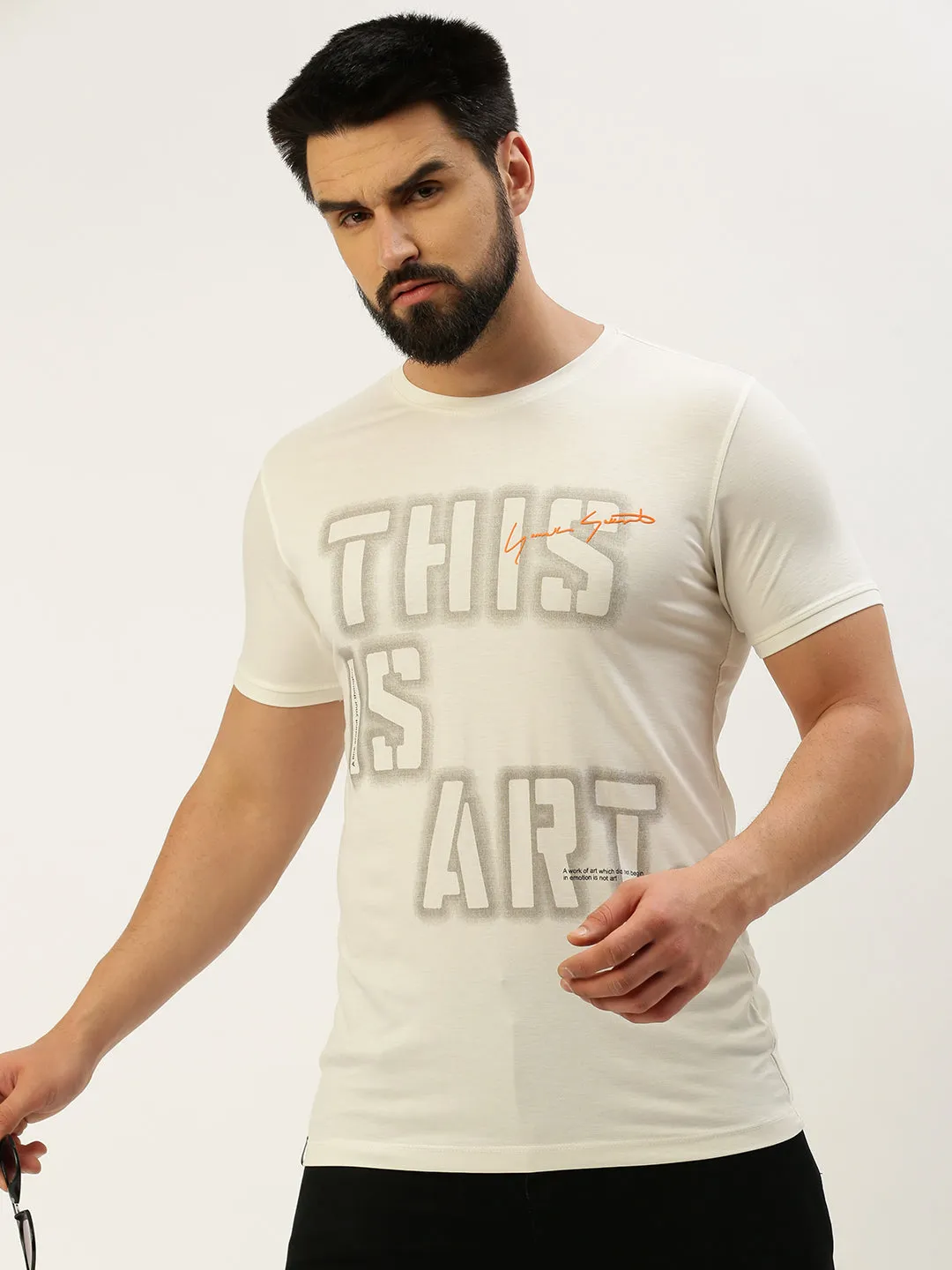 Fleece Men's White Typography Printed Slim Fit T-shirt