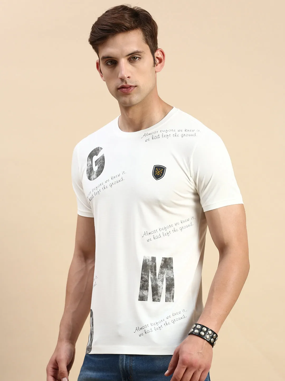 Men's White Typography Printed Slim Fit T-shirt Urban Fashion Core Minimal