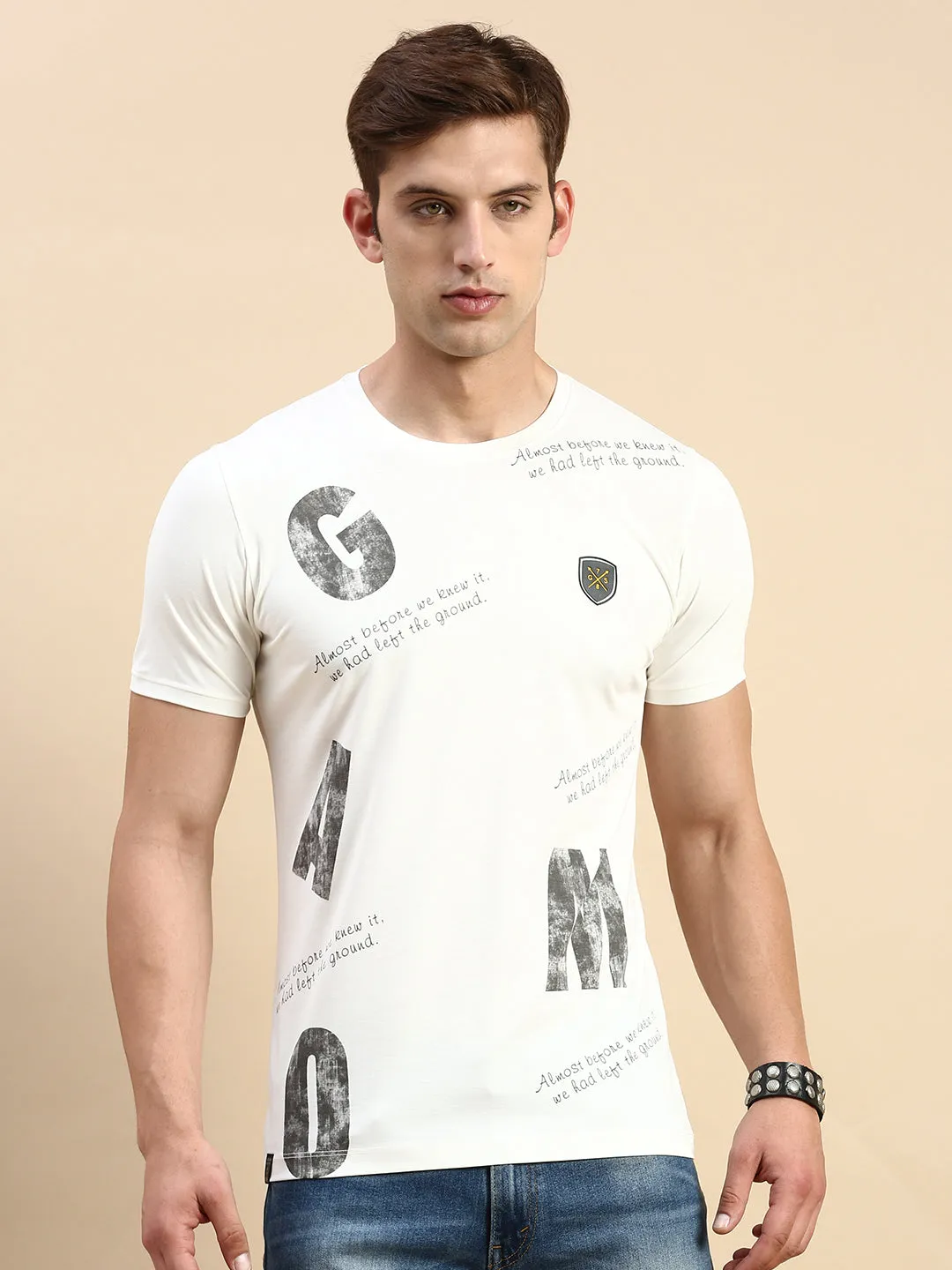 Men's White Typography Printed Slim Fit T-shirt product personalization creativity Cozy Coverage