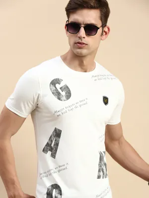 Men's White Typography Printed Slim Fit T-shirt Casual Hoodie Style Everyday Essential
