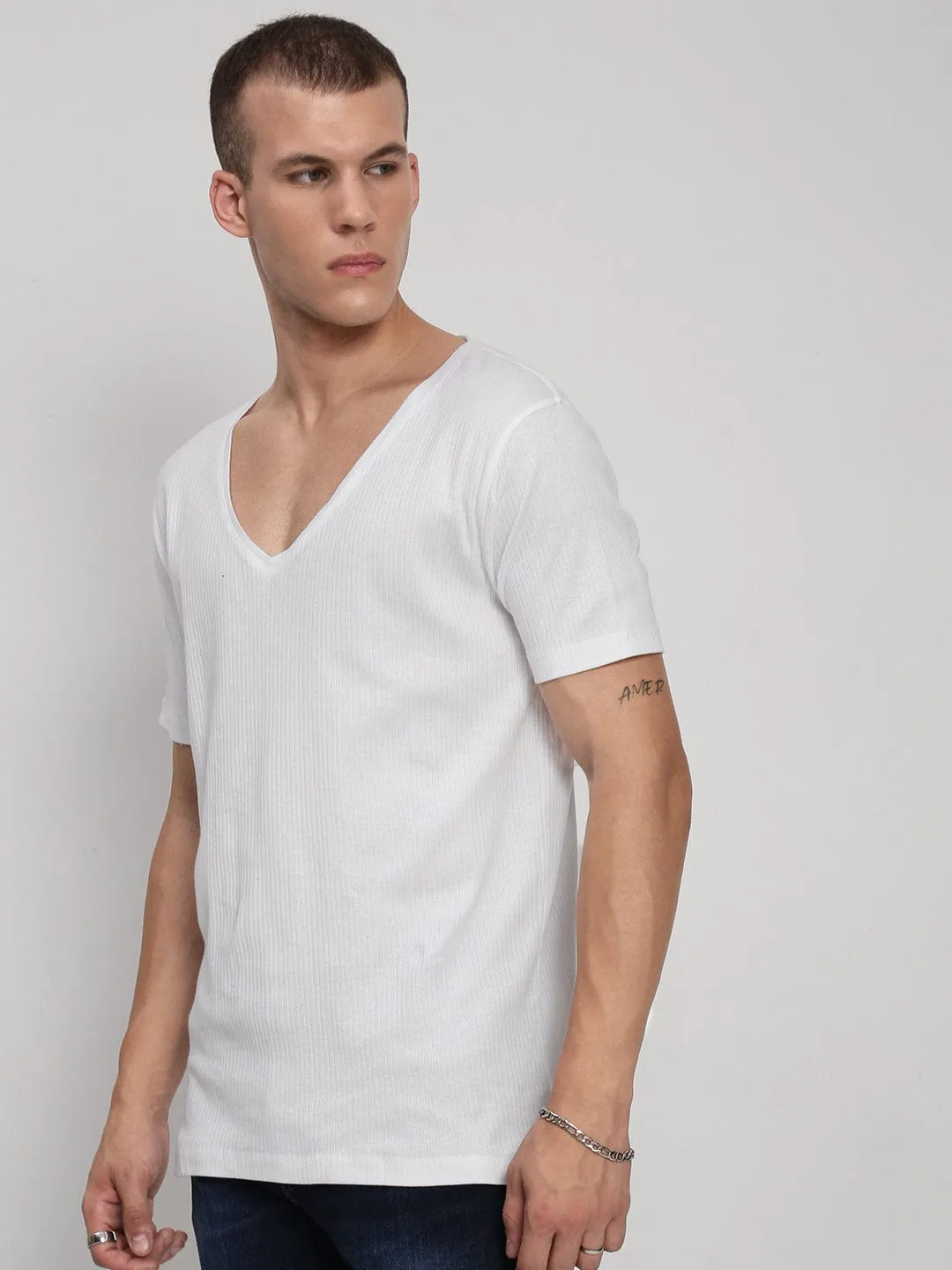 Men's White V-Neck Regular Fit T-Shirt Boho Free Mediterranean Air