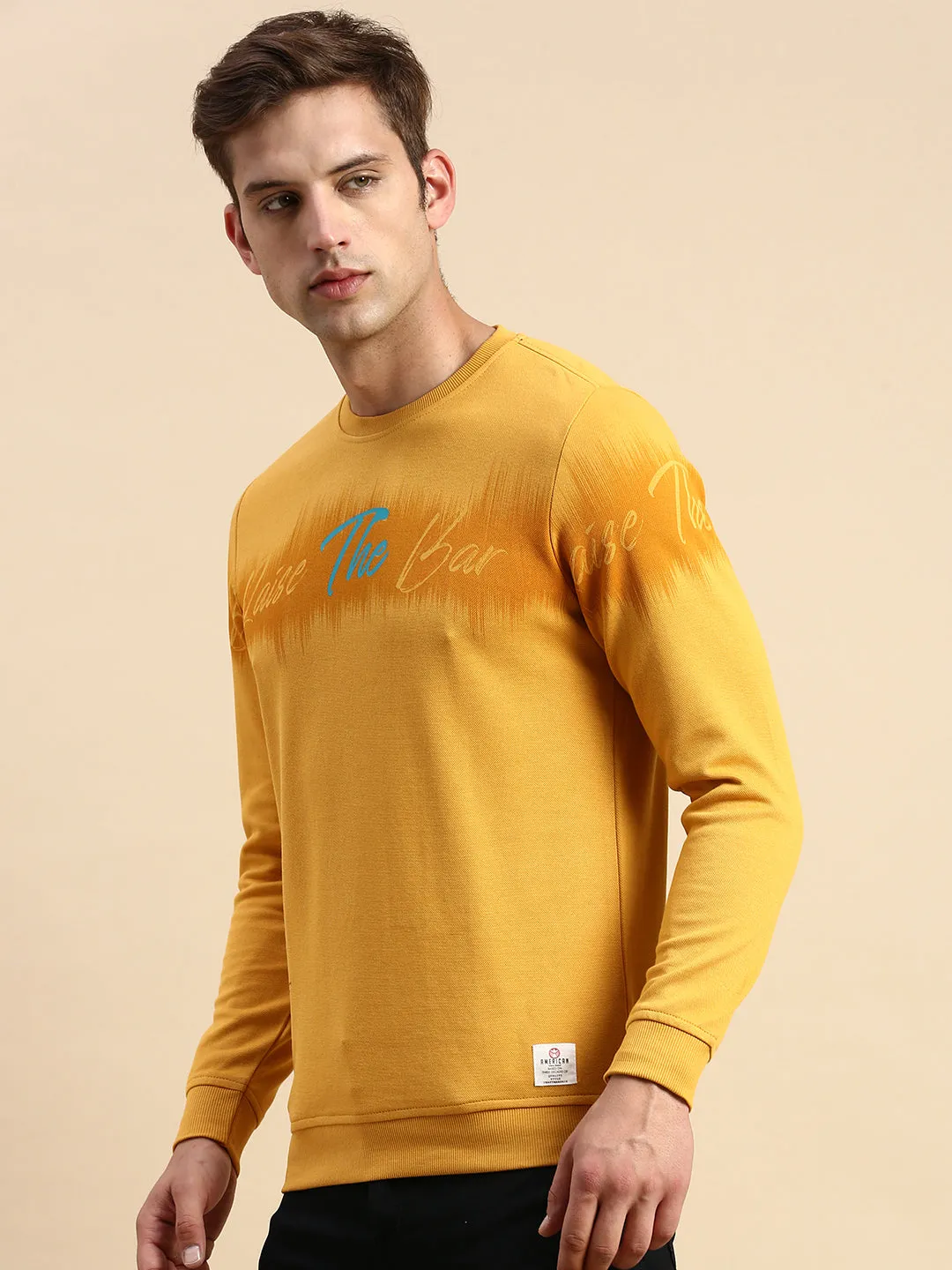 Cozy Style Men's Yellow Abstract Printed Cotton Pullover Sweatshirt