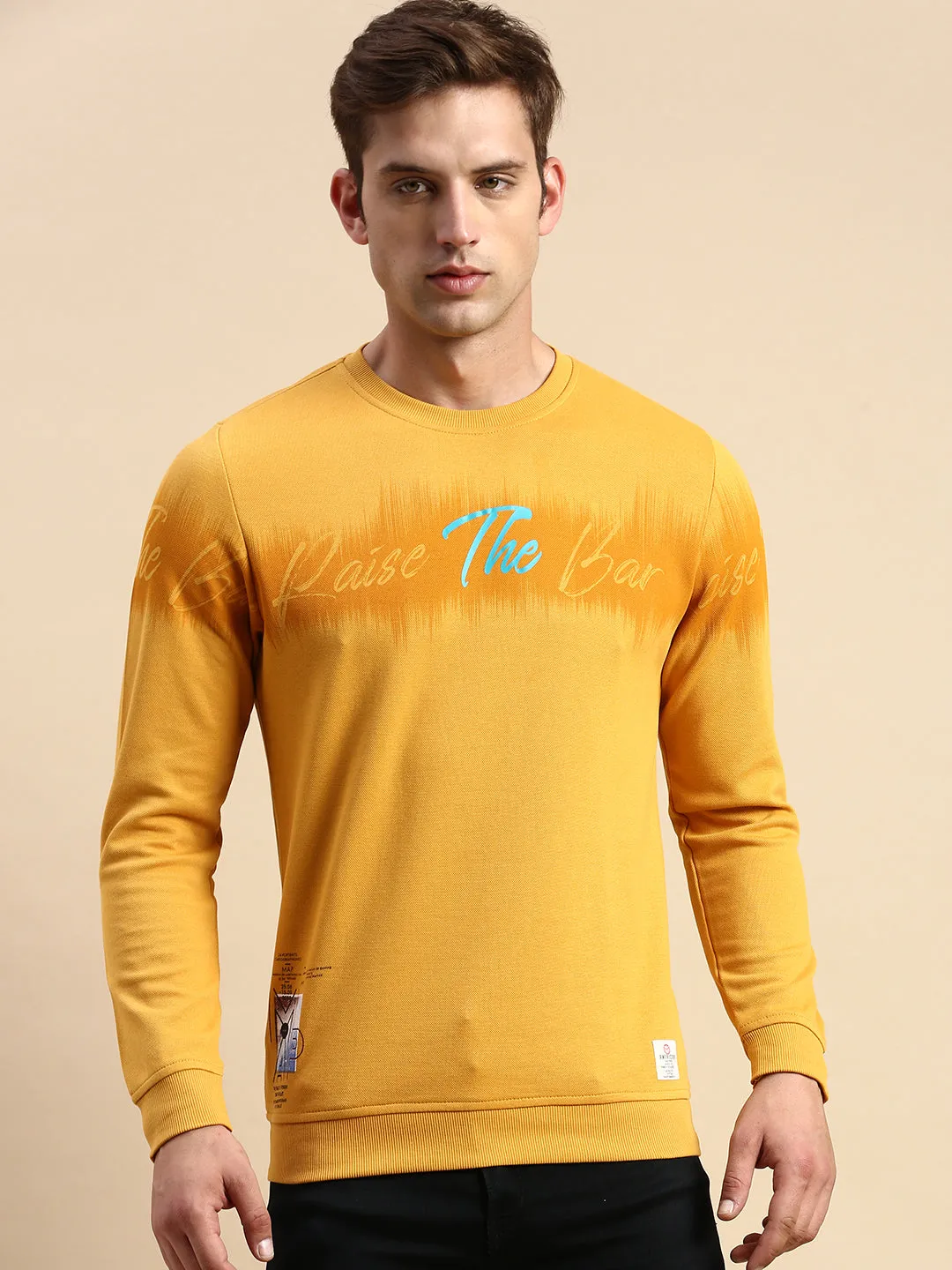 Daily Minimal Men's Yellow Abstract Printed Cotton Pullover Sweatshirt