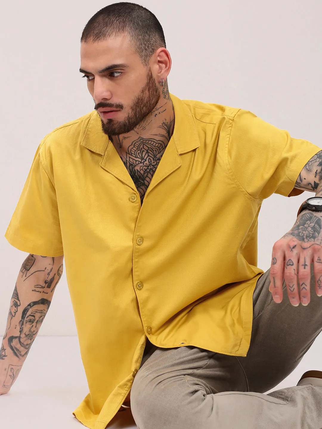 EcoFriendlyTextiles Men's Yellow Comfort Cuban Collar Solid Cotton Relaxed Fit Casual Shirt