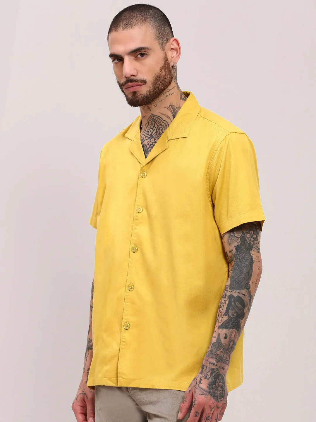 Men's Yellow Comfort Cuban Collar Solid Cotton Relaxed Fit Casual Shirt Light Sweatshirt MinimalistDesign