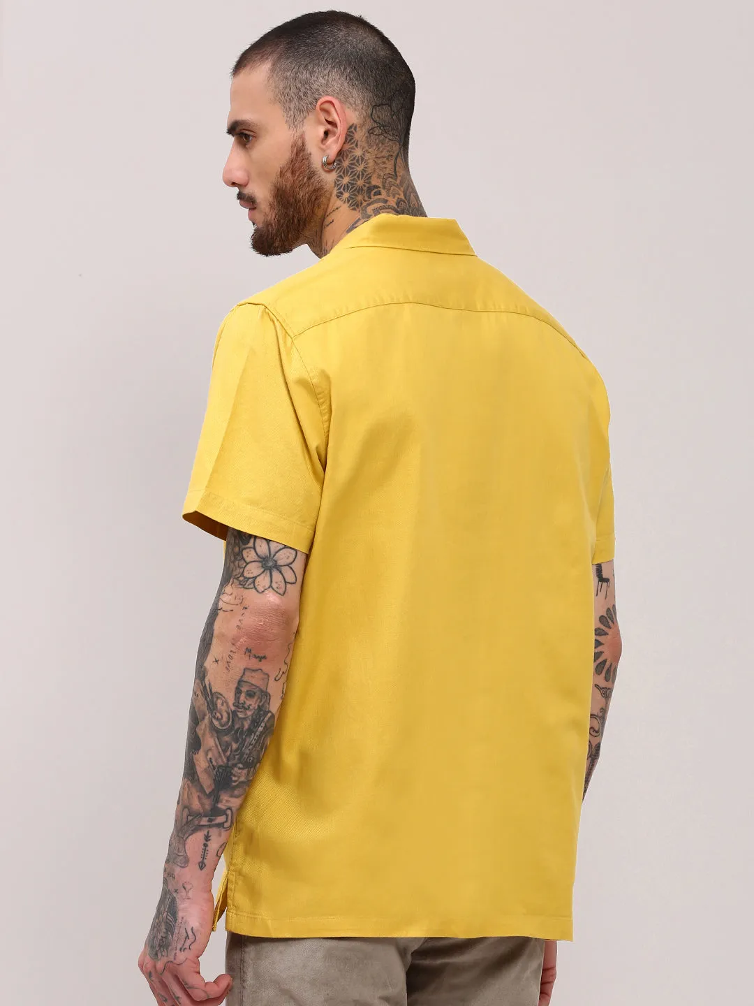 Men's Yellow Comfort Cuban Collar Solid Cotton Relaxed Fit Casual Shirt Comfortable Design Charm Core