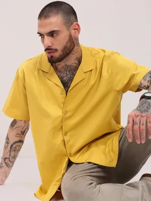 EcoFriendlyTextiles Men's Yellow Comfort Cuban Collar Solid Cotton Relaxed Fit Casual Shirt