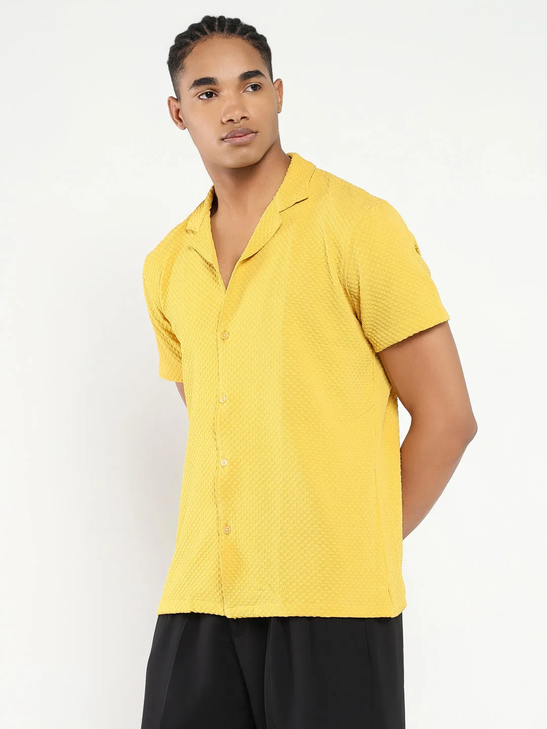Men's Yellow Comfort Cuban Collar Solid Crepe Relaxed Fit Casual Shirt Wind Glow