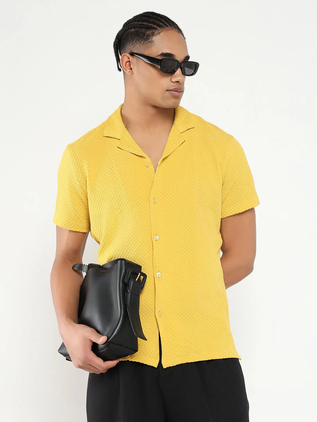 Strong Glow Casual Fashion Men's Yellow Comfort Cuban Collar Solid Crepe Relaxed Fit Casual Shirt