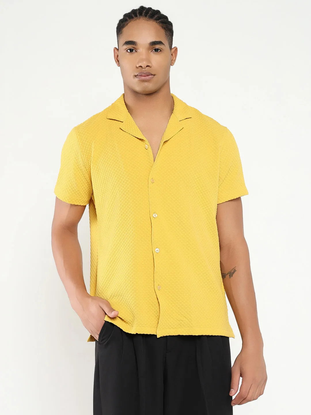 Men's Yellow Comfort Cuban Collar Solid Crepe Relaxed Fit Casual Shirt Web Glow QuickDrying Material