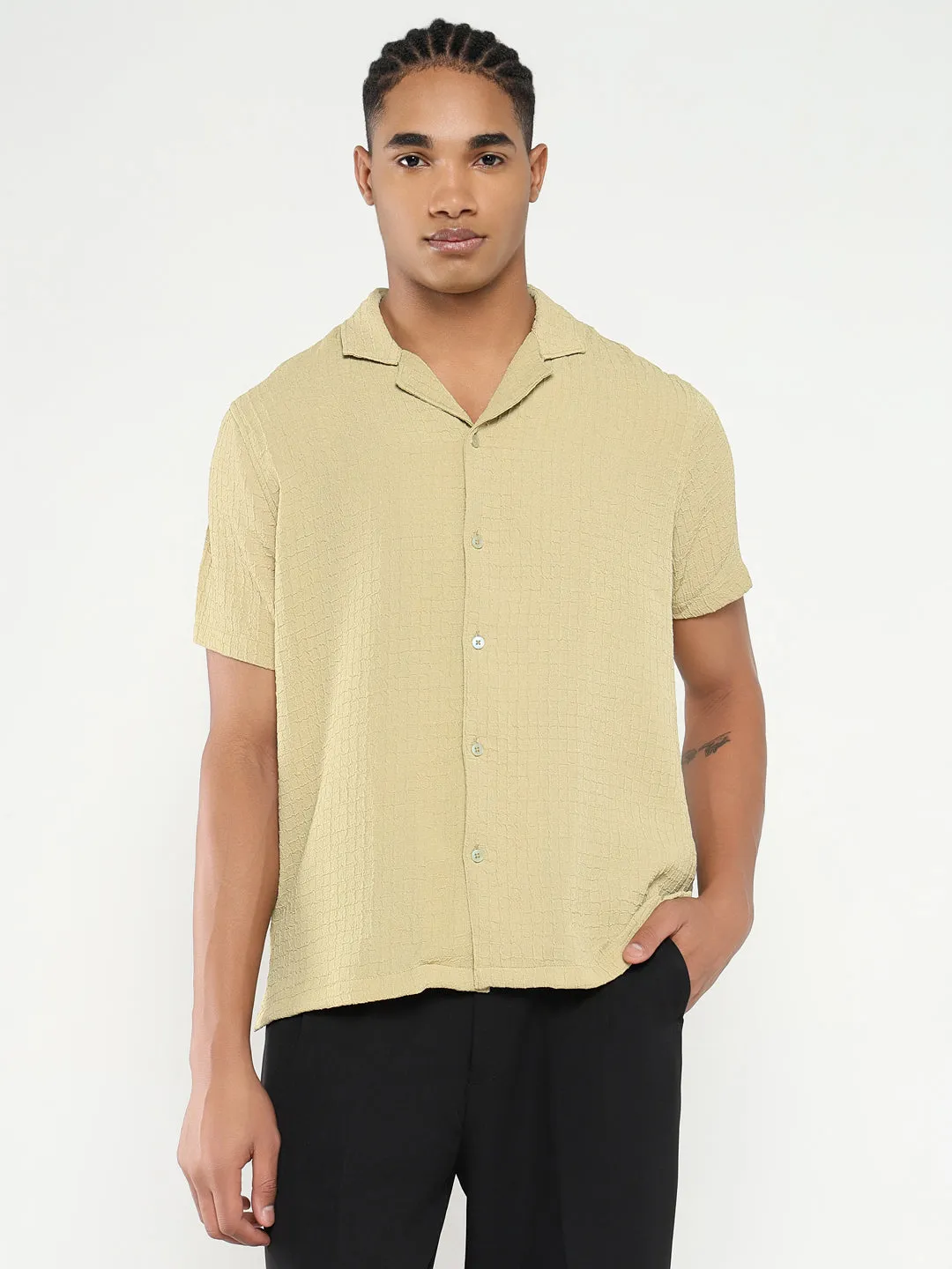 Dense Fit Motion Core Men's Yellow Comfort Cuban Collar Solid Crepe Relaxed Fit Casual Shirt