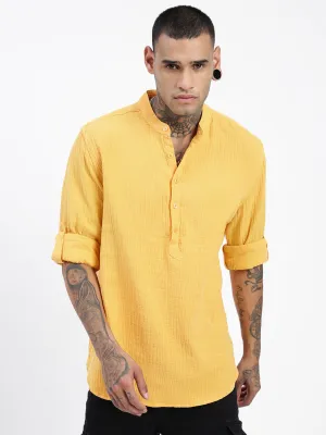 Men's Yellow Mandarin Collar Solid Slim Fit Shirt MultiPocket Design