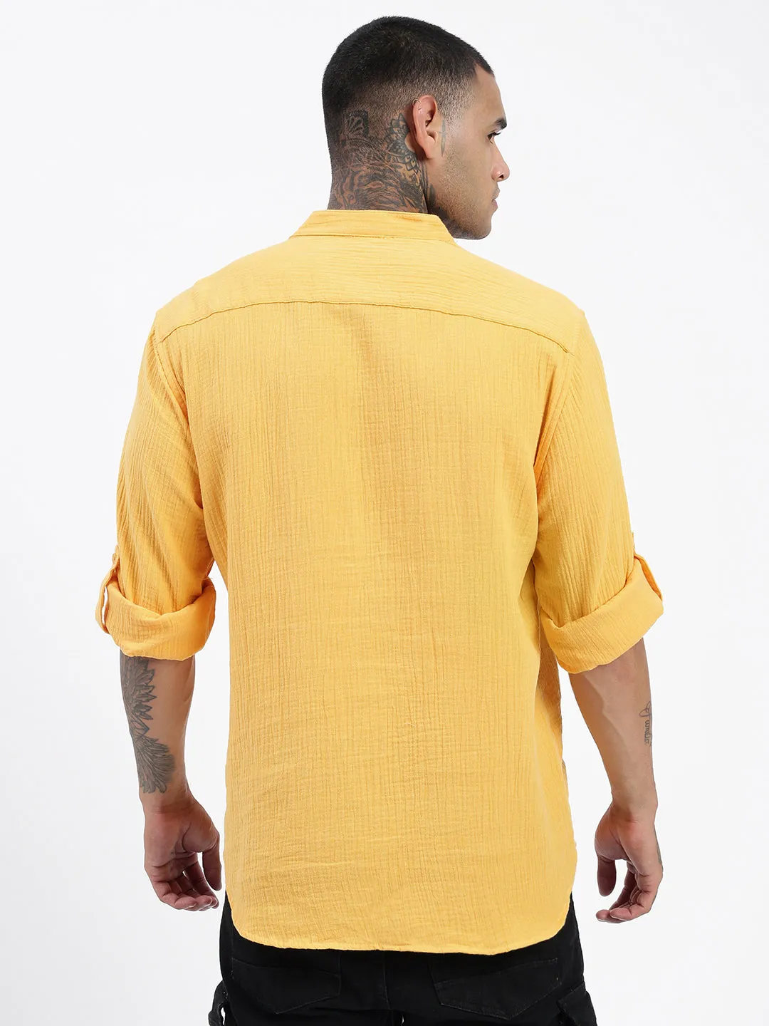 WrinkleResistant Finish LightweightTextile Men's Yellow Mandarin Collar Solid Slim Fit Shirt