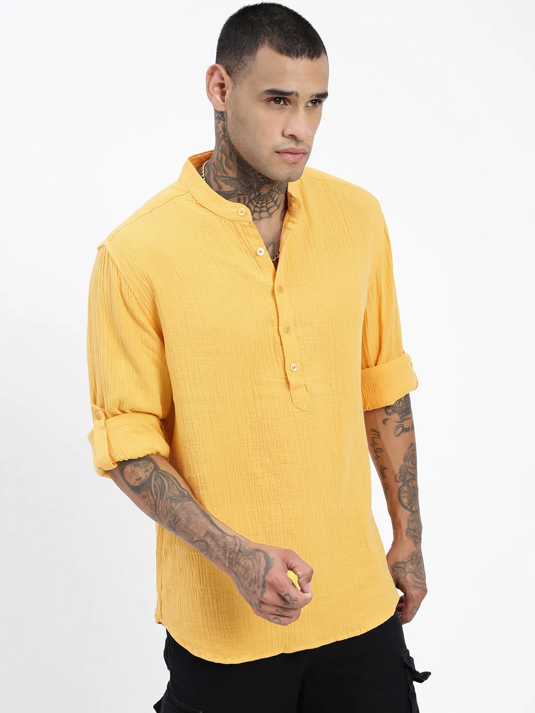 Casual Skirt Self Love Men's Yellow Mandarin Collar Solid Slim Fit Shirt