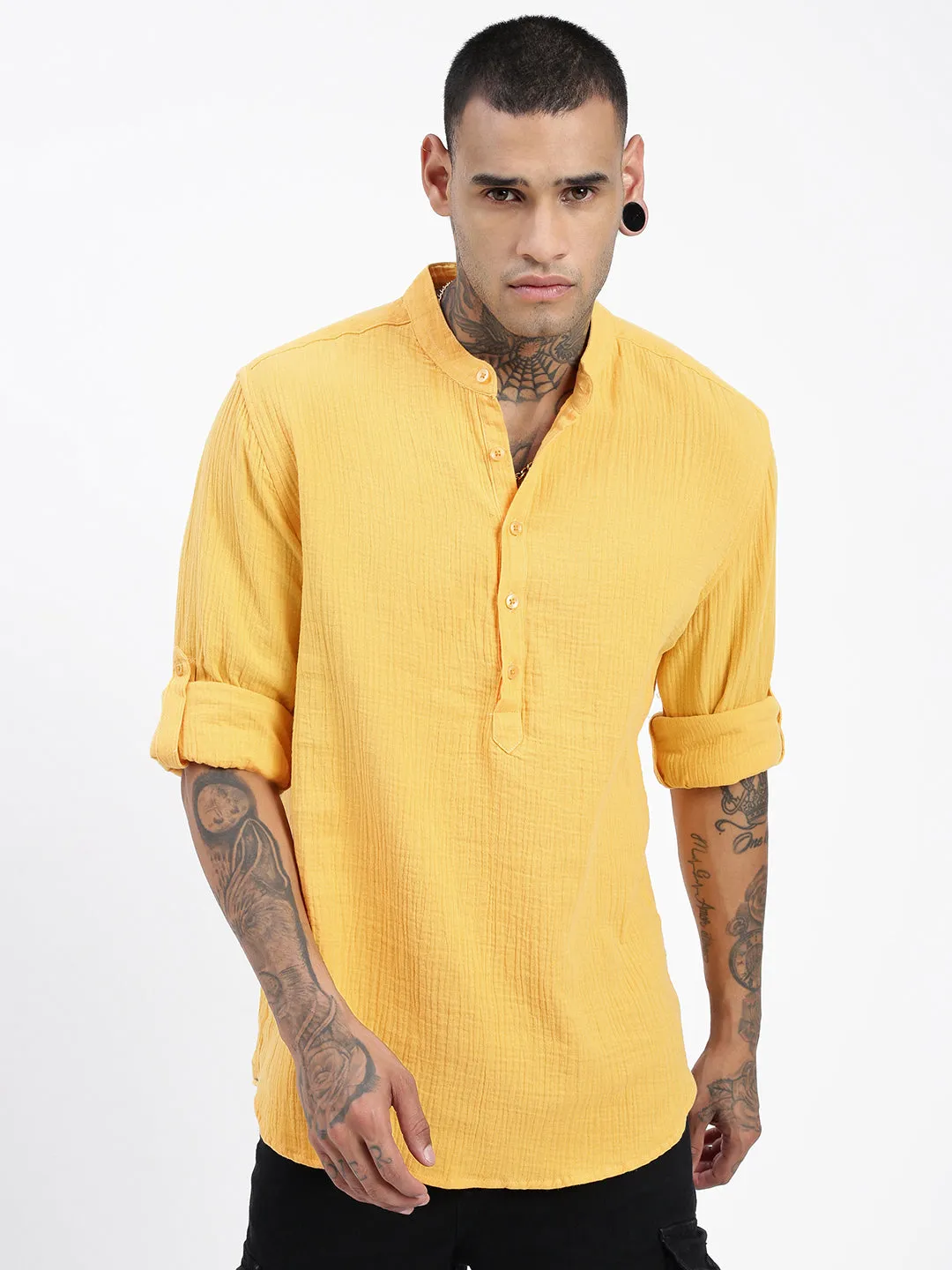 Men's Yellow Mandarin Collar Solid Slim Fit Shirt MultiPocket Design