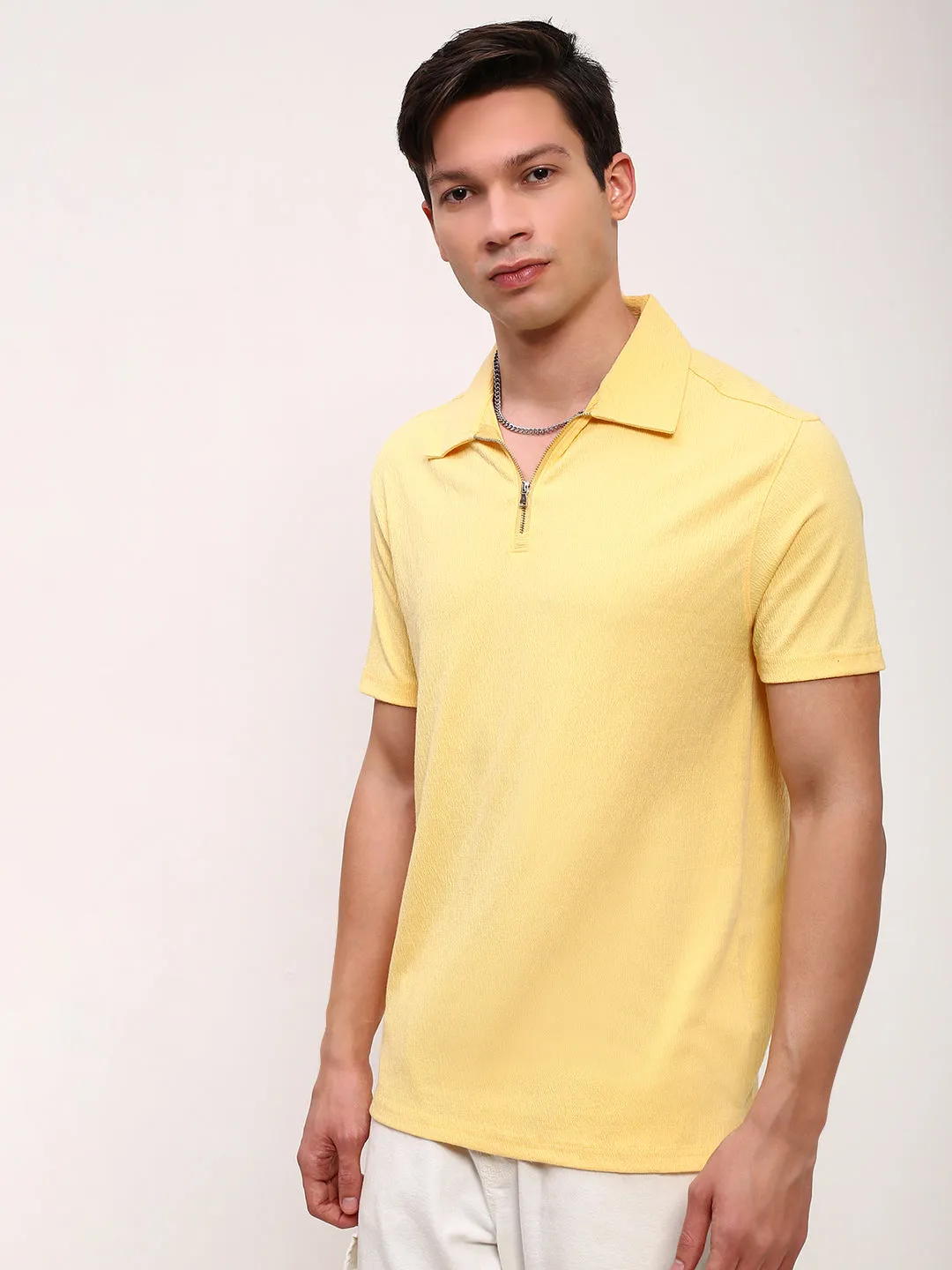 Men's Yellow Solid Slim Fit Polo Neck T-Shirt Cozy Warmth