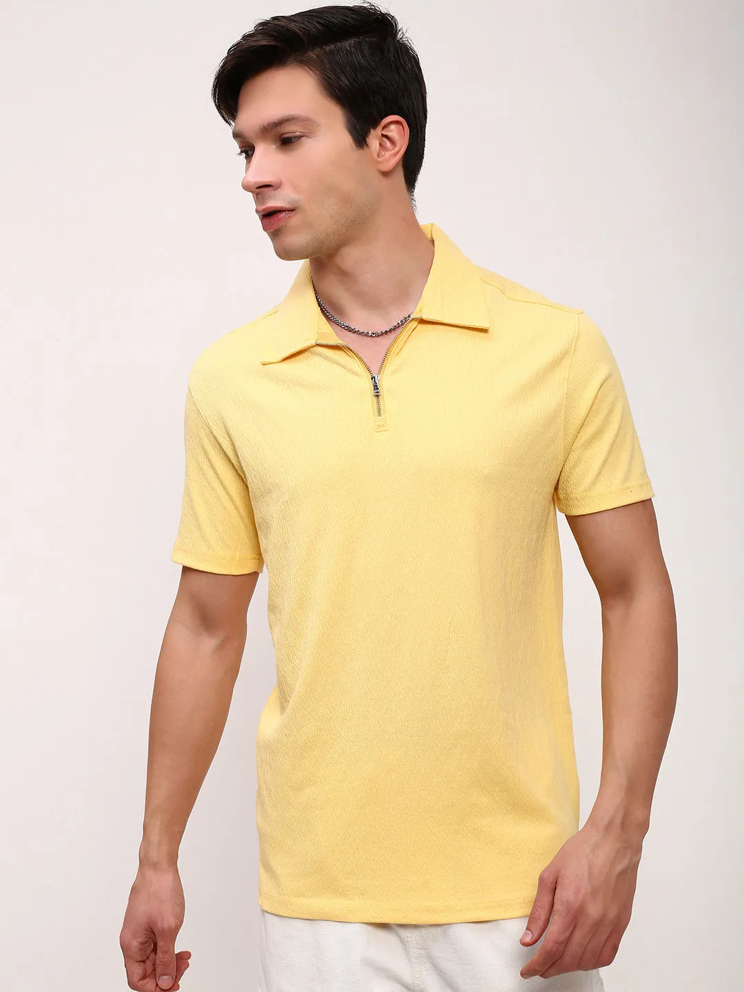 Men's Yellow Solid Slim Fit Polo Neck T-Shirt Office Casual