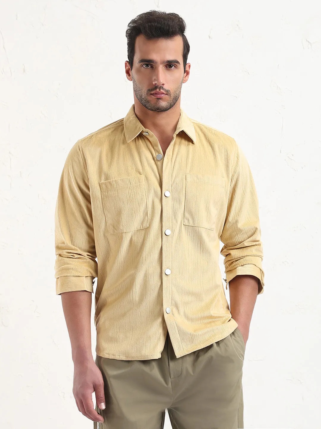 Men's Yellow Solid Slim Fit Shacket LowMaintenance Material