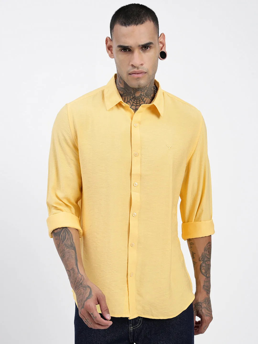 Men's Yellow Standard Spread Collar Solid Cotton Casual Shirt Modular Attachment System FadeResistant Color
