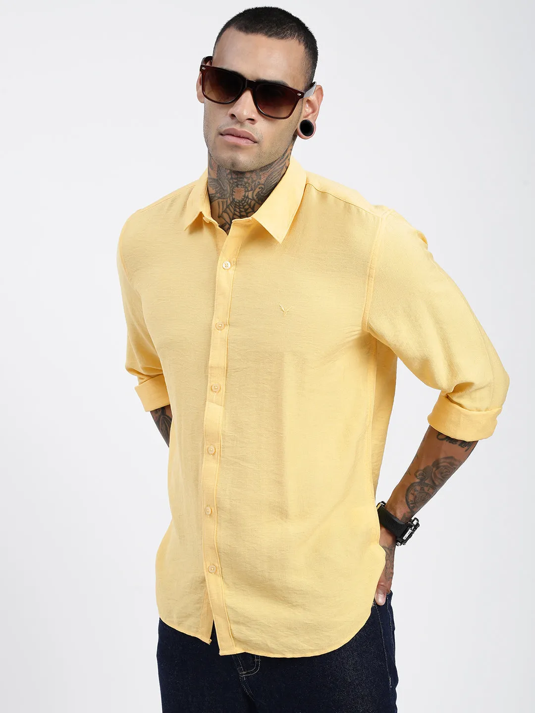 Queen Glow Comfortable Outerwear Men's Yellow Standard Spread Collar Solid Cotton Casual Shirt