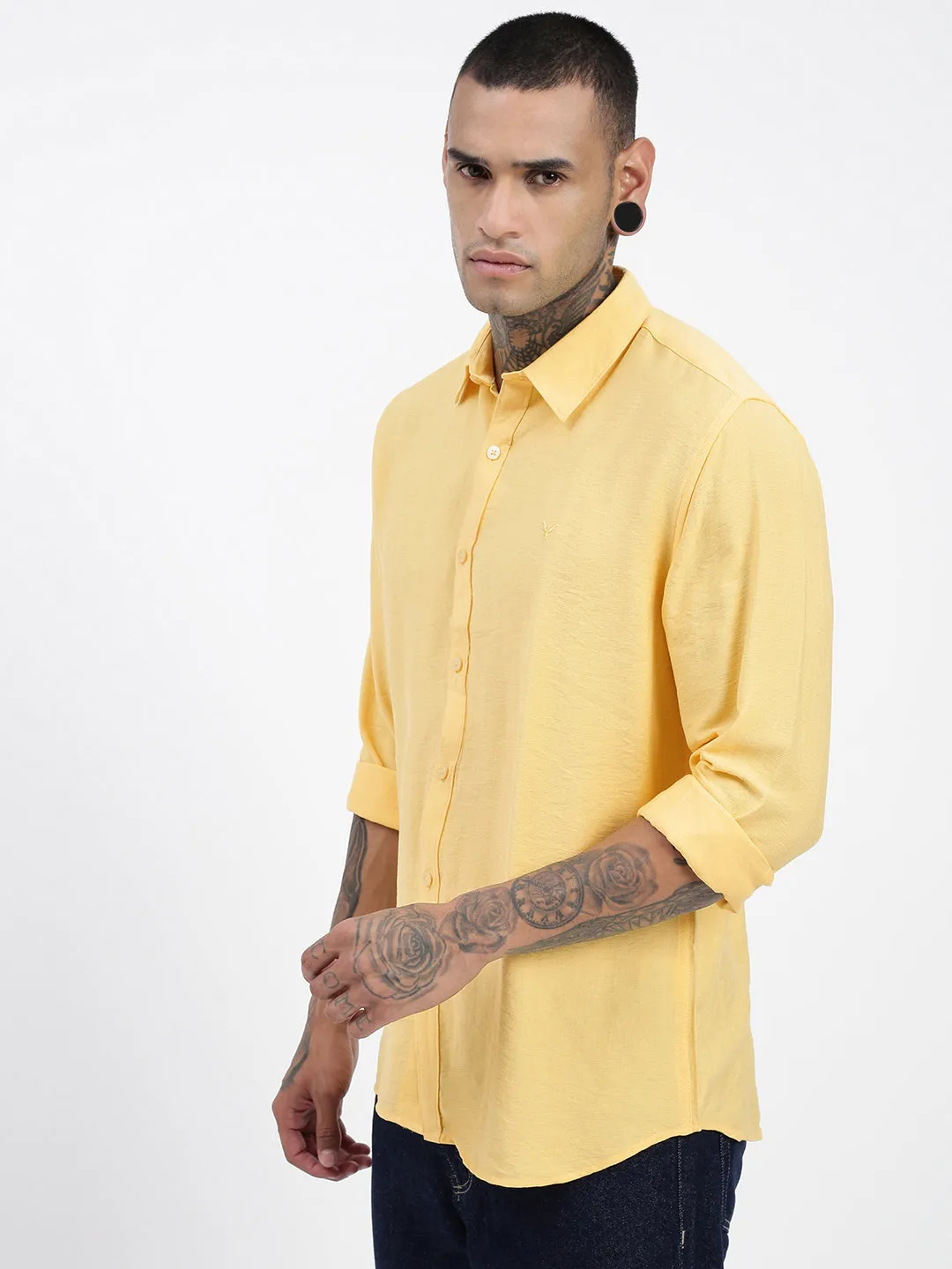 DoubleStitchReinforcement Wave Core Men's Yellow Standard Spread Collar Solid Cotton Casual Shirt