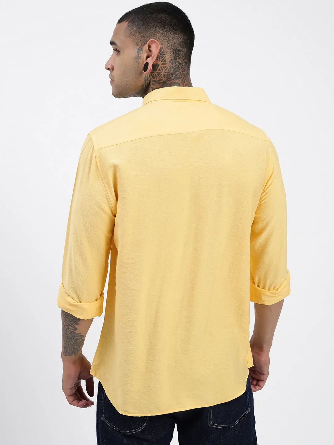 Spirit Glow Men's Yellow Standard Spread Collar Solid Cotton Casual Shirt