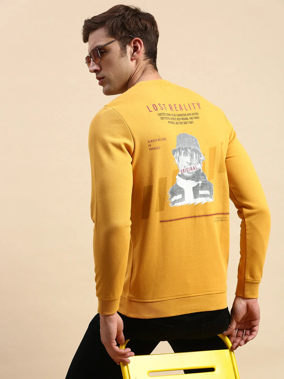 Comfy Feel Men's Yellow Typography Printed Cotton Sweatshirt