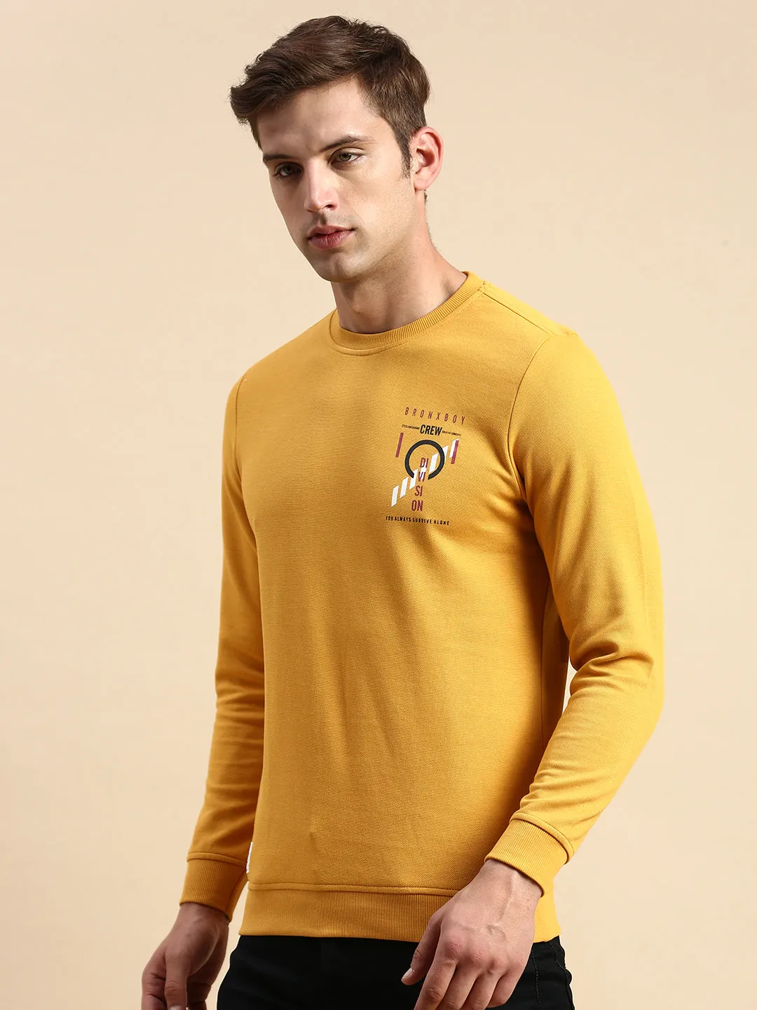 Warm and Cozy Men's Yellow Typography Printed Cotton Sweatshirt