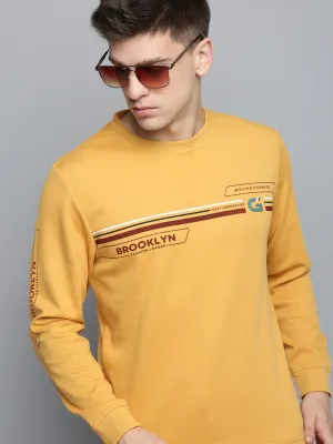 Men's Yellow Typography Printed Pullover Sweatshirt Layer Chic Relaxed Fit Hoodie