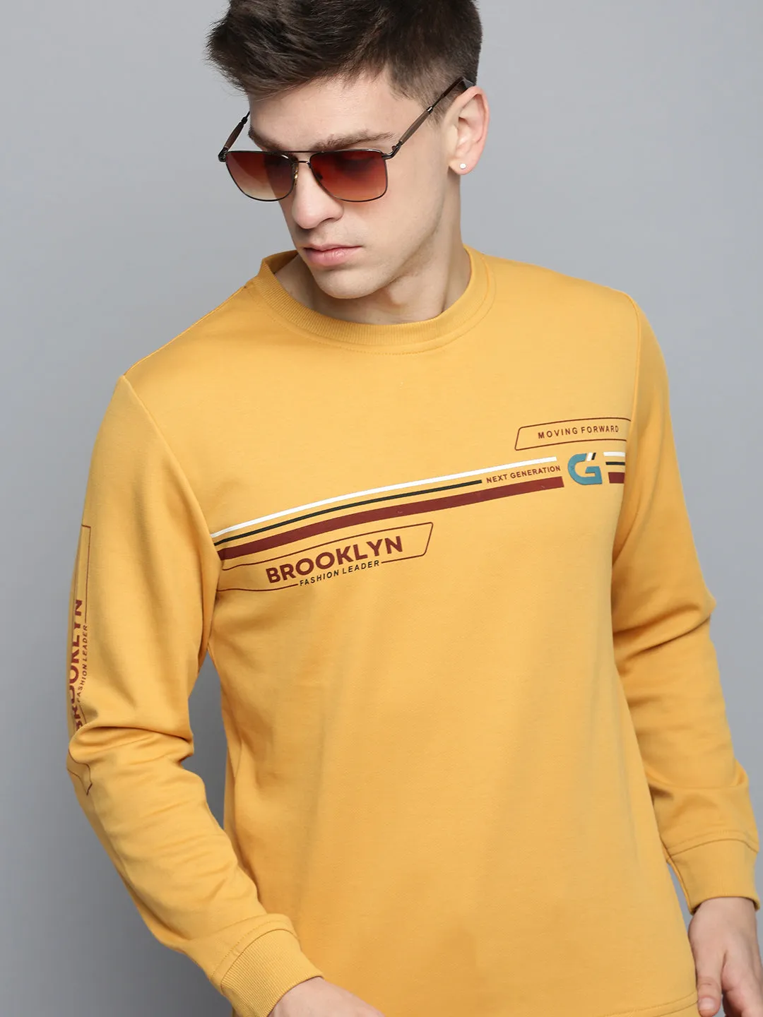 Men's Yellow Typography Printed Pullover Sweatshirt Layer Chic Relaxed Fit Hoodie