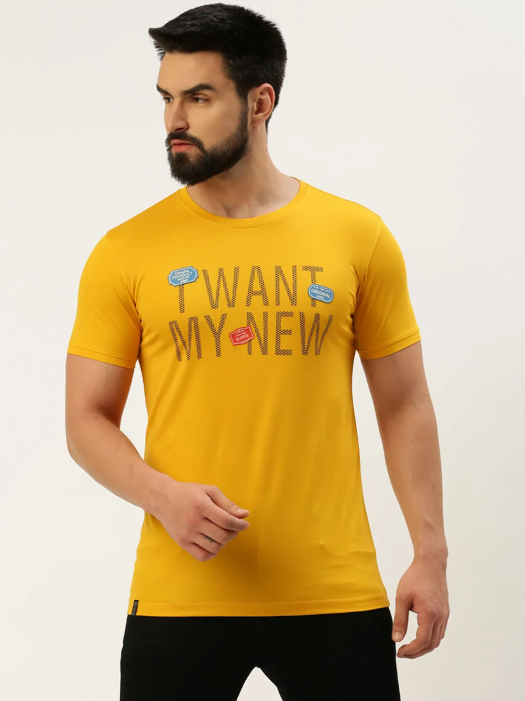 Soft Texture Men's Yellow Typography Printed Slim Fit T-shirt
