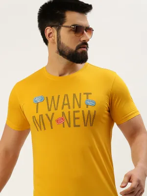 Men's Yellow Typography Printed Slim Fit T-shirt Warm Outfit Cold Layer