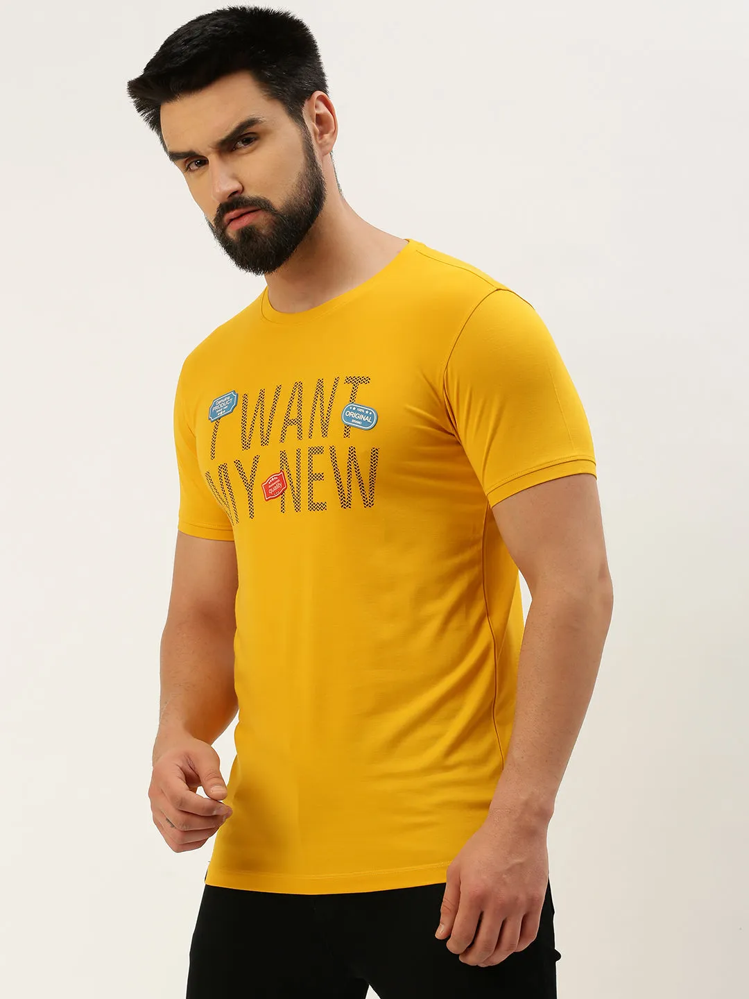 Printed Men's Yellow Typography Printed Slim Fit T-shirt