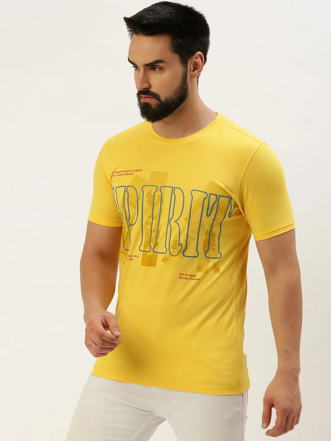 Smart Fashion Men's Yellow Typography Printed Slim Fit T-shirt