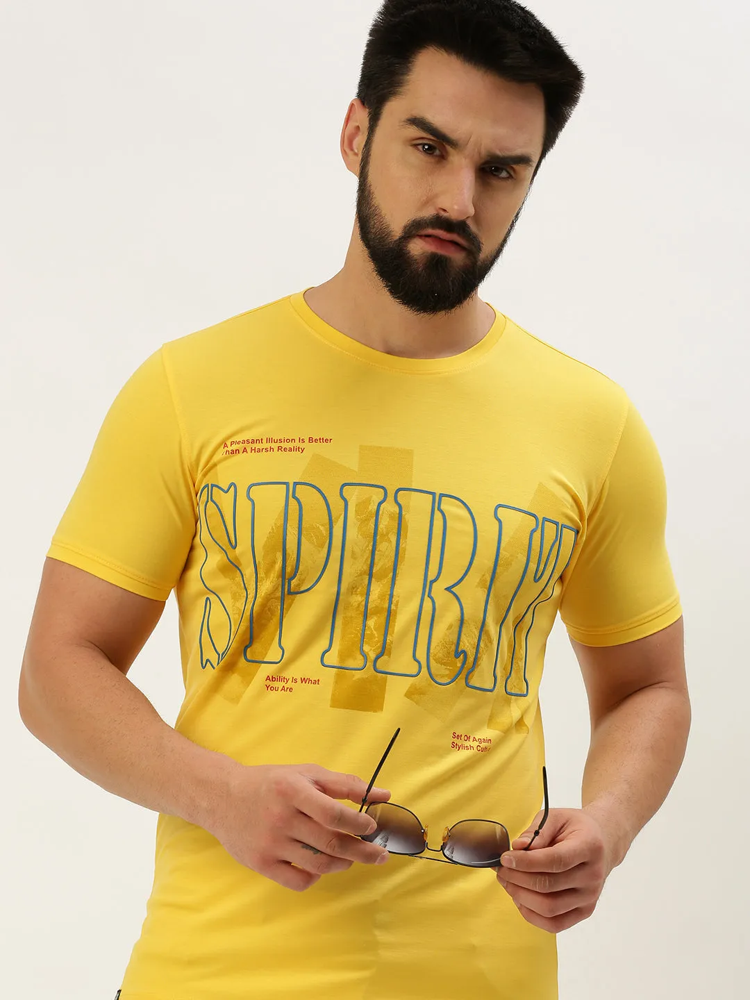 Men's Yellow Typography Printed Slim Fit T-shirt Cuffed Sleeves