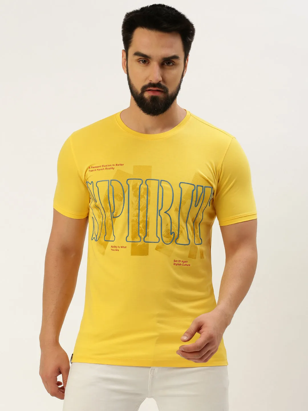 Men's Yellow Typography Printed Slim Fit T-shirt Beach Wear Easy Layering