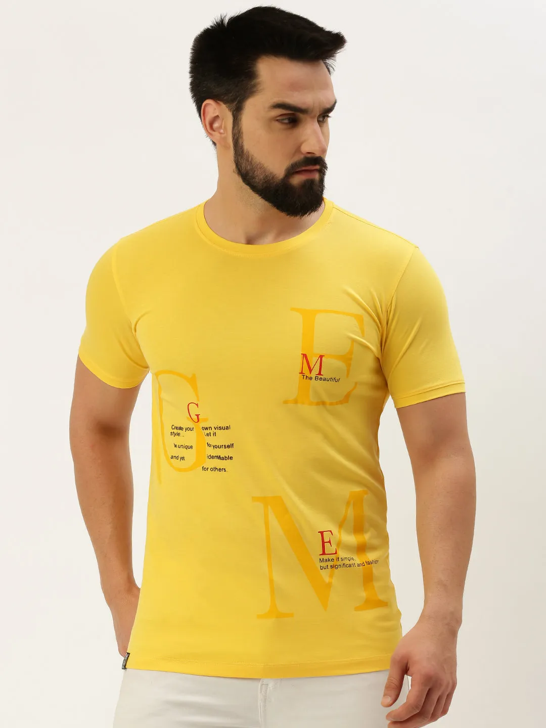Running Top Home Wear Men's Yellow Typography Printed Slim Fit T-shirt