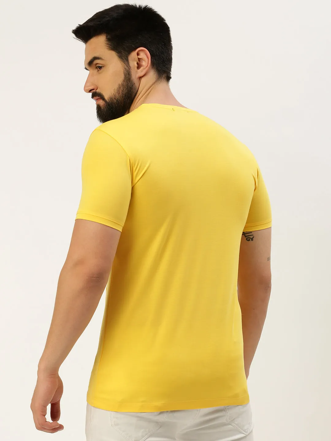Generic Men's Yellow Typography Printed Slim Fit T-shirt