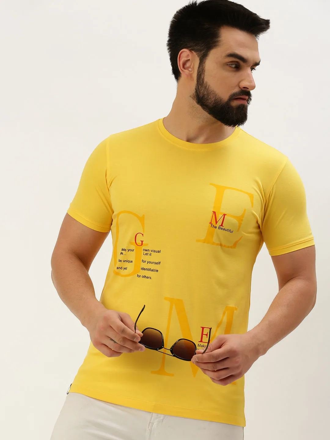 Men's Yellow Typography Printed Slim Fit T-shirt Chill Layer